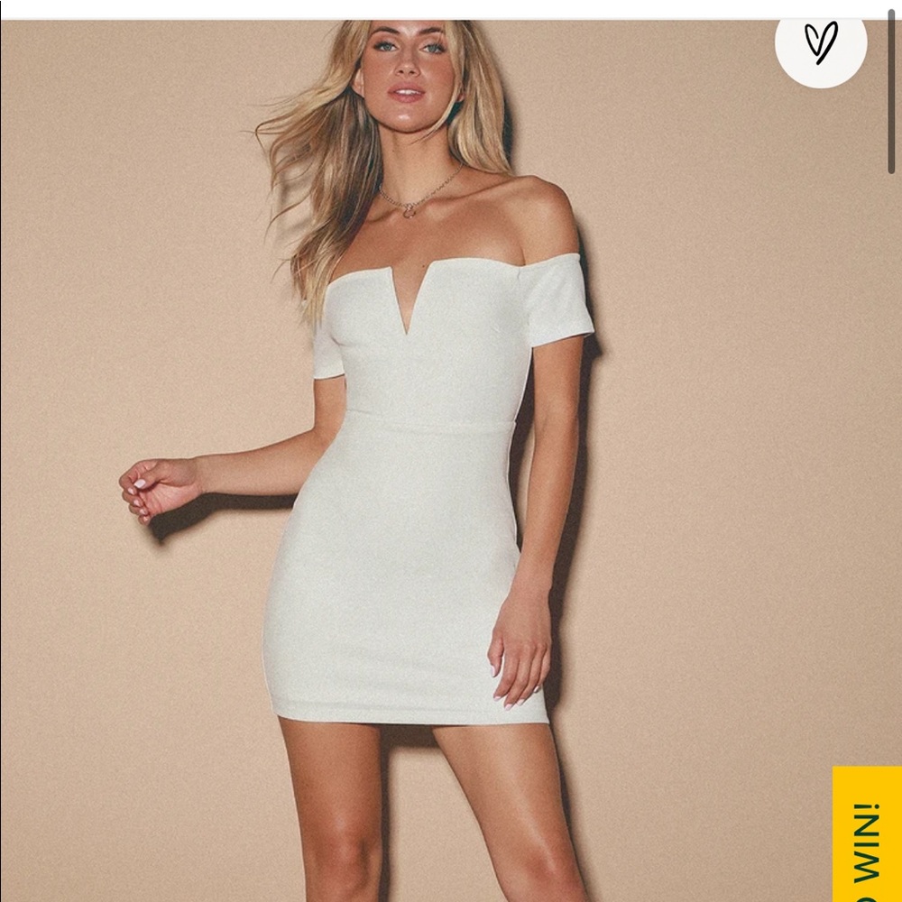 Lulu’s Mini Dress WHITE OFF-THE-SHOULDER BODYCON DRESS.  ‘CHEERS TO THIS’